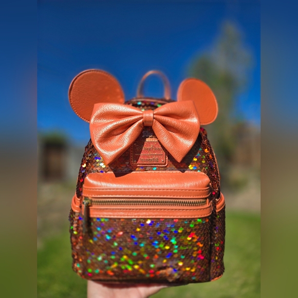 Loungefly Handbags - Loungefly Orange and Brown Sequin Mouse Ears Backpack